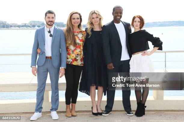Dimitri Leonidas, Lena Olin, Julia Stiles, Adrian Lester and Roxane Duran attend "Riviera" Photocall as part of MIPTV 2017 on April 3, 2017 in...