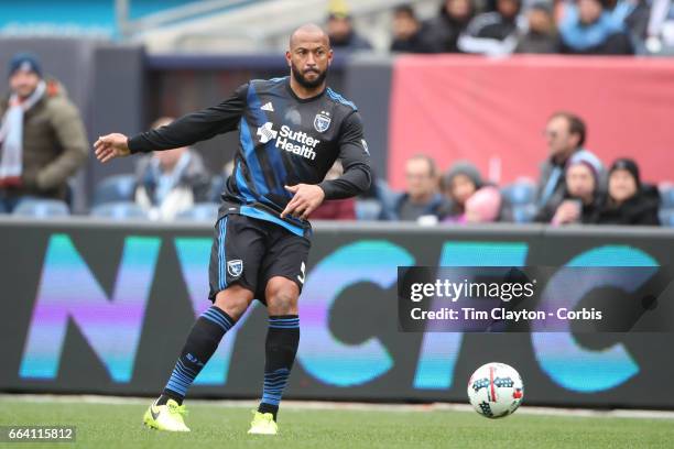 April 12: Victor Bernardez of San Jose Earthquakes in action during the New York City FC Vs San Jose Earthquakes regular season MLS game at Yankee...