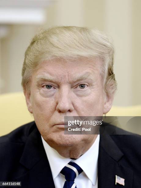 President Donald Trump looks on as he meets with Egyptian President Abdel Fattah Al Sisi in the Oval Office of the White House on April 3, 2017 in...