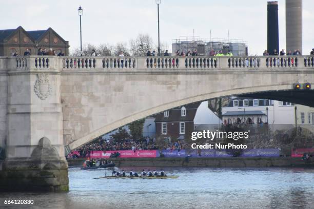 Oxford University Boat Club wins the Boat Race in London on April 2, 2017. The celebration followed with che classic bath in the river and wine...