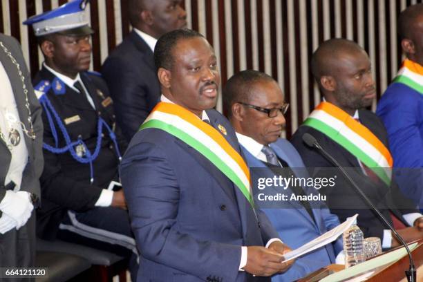 Ivorian Parliament speaker Soro Guillaume makes a speech during the inauguration of newly established National Assembly in Abidjan, Ivory Coast on...