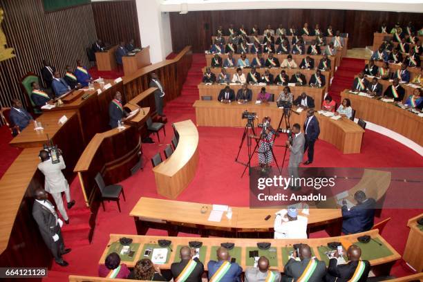 Ivorian Vice President Daniel Kablan Duncan and Parliament speaker Soro Guillaume are seen during the inauguration of newly established National...