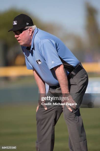 Umpire Brian Gorman stands on the field during the game between the Texas Rangers and the Oakland Athletics at Hohokam Stadium on March 2, 2017 in...