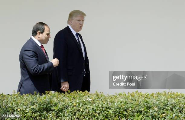 President Donald Trump and Egypt President Abdel Fattah Al Sisi leave the Oval Office of White House to walk to the Residenceon April 3, 2017 in...