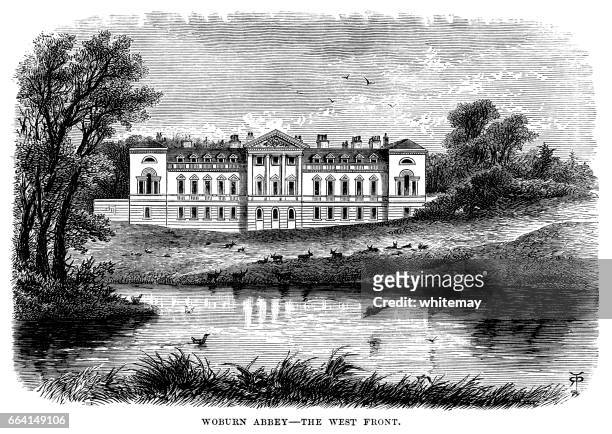 west front of woburn abbey, bedfordshire (victorian engraving) - victorian mansion stock illustrations