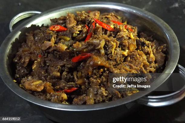 Cooked Horse meat pictured on April 03, 2017 in Yogyakarta, Indonesia. The horse meat is cooked into various dishes, believed to cure various...