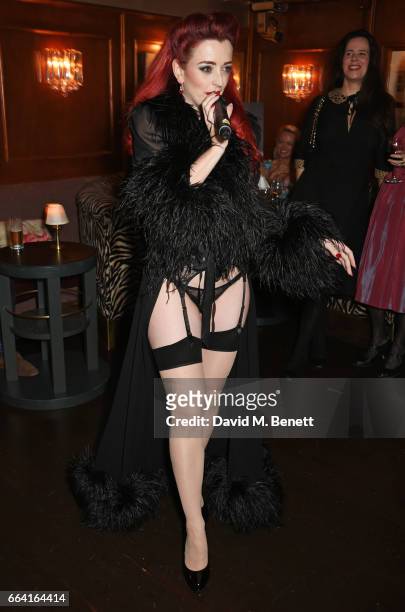 Polly Rae performs at the launch of the Coco De Mer Icons Collection at Albert's Club on April 3, 2017 in London, England.