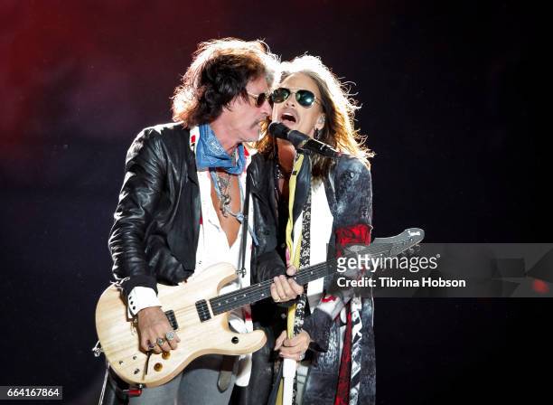 Joe Perry and Steven Tyler of Aerosmith performs at the March Madness Music Festival on April 2, 2017 in Margaret T. Hance Park in Phoenix, Arizona.
