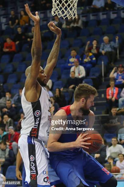 Joel Freeland of the CSKA Moscow battles for the ball against Mickell Gladness of the Kalev Tallinn during the game between CSKA Moscow v BC...