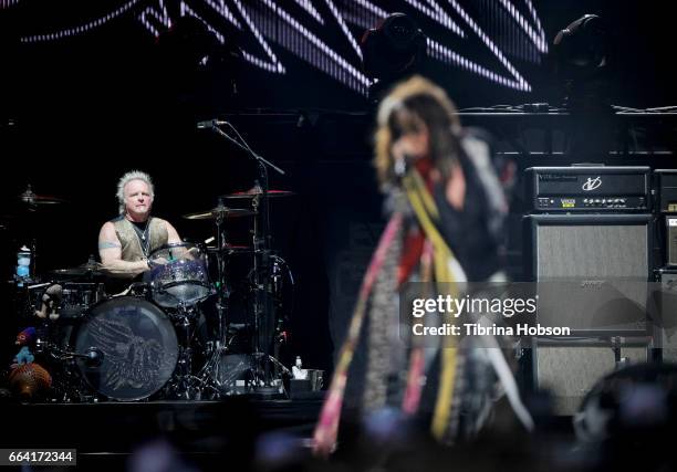 Joey Kramer and Steven Tyler of Aerosmith perform at the March Madness Music Festival on April 2, 2017 in Margaret T. Hance Park in Phoenix, Arizona.