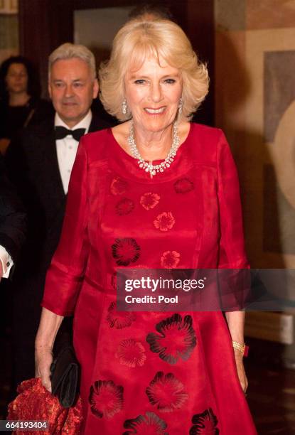 Camilla, Duchess of Cornwall attends a Gala Dinner at Palazzo Vecchio with the Mayor of Florence Dario Nardella and his wife during day 4 of their...