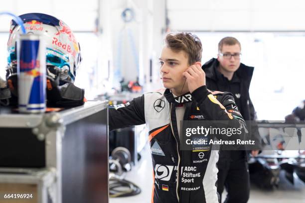 David Beckmann of Germany and Van Amersfoort Racing prepares in the garage during the official testdays FIA F3 European Championship at Red Bull Ring...