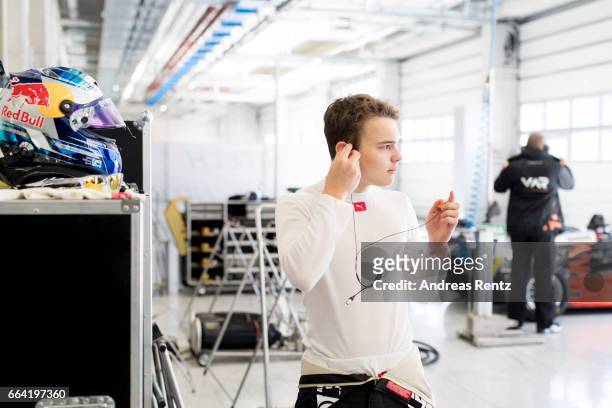 David Beckmann of Germany and Van Amersfoort Racing prepares in the garage during the official testdays FIA F3 European Championship at Red Bull Ring...