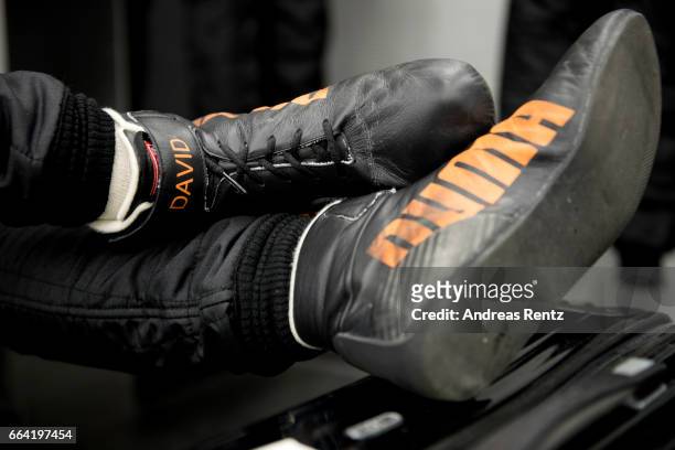 Shoes of David Beckmann of Germany and Van Amersfoort Racing seen in the garage during the official testdays FIA F3 European Championship at Red Bull...