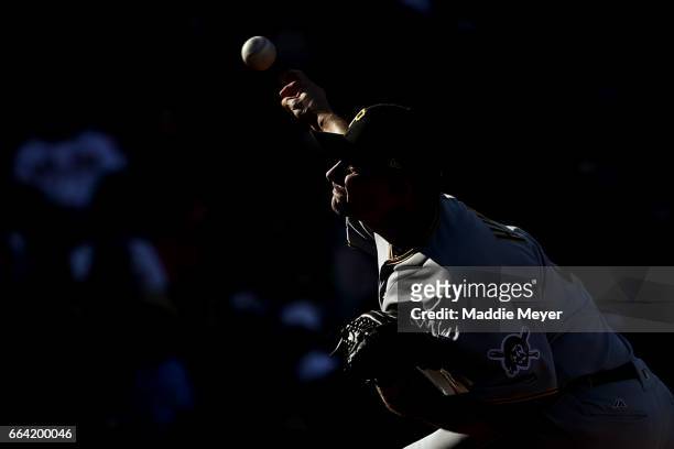 Daniel Hudson of the Pittsburgh Pirates pitches against the Boston Red Sox during the eighth inning of the opening day game at Fenway Park on April...