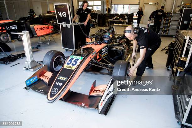 David Beckmann of Germany and Van Amersfoort Racing sits in his car in the garage during the official testdays FIA F3 European Championship at Red...