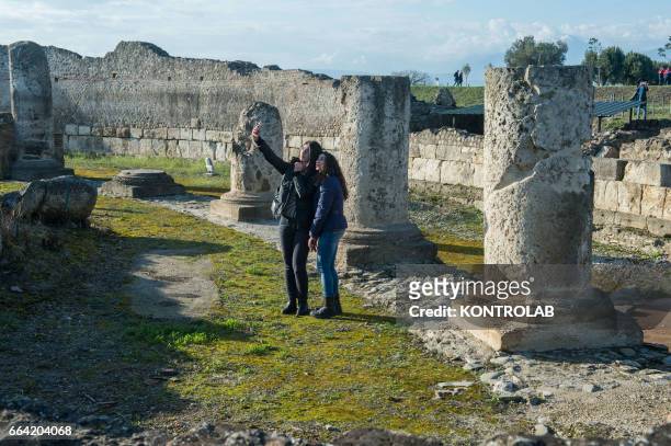 Tourists among the finds of the excavations of Sybaris after the inauguration of Sybaris Archaeological Park and its museum, in southern Italy, which...