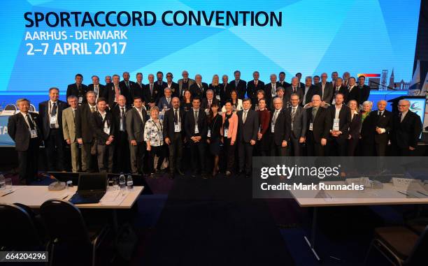 Members of the ARISF General Assembly pose for a photograph during the second day of SportAccord Convention 2017 at the Scandinavian Centre on April...