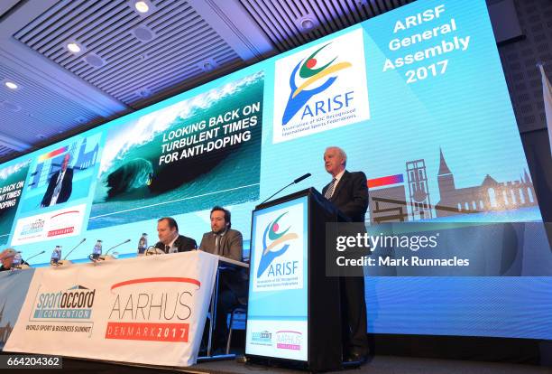 Sir Craig Reedie IOC Vice President and WADA President addresses the ARISF General Assembly during the second day of SportAccord Convention 2017 at...