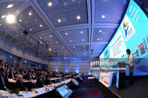 Director Molly Rhone addresses the ARISF General Assembly during the second day of SportAccord Convention 2017 at the Scandinavian Centre on April 3,...