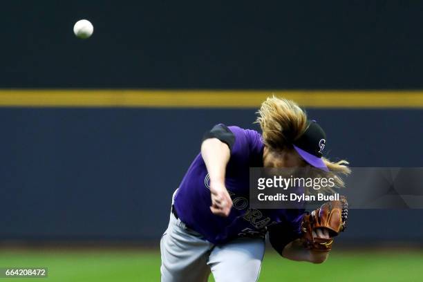 Jon Gray of the Colorado Rockies pitches in the fourth inning against the Milwaukee Brewers of the MLB Opening Day game at Miller Park on April 3,...