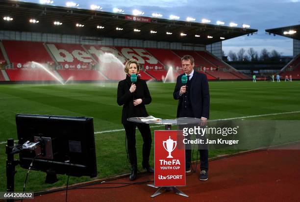Jacqui Oatley and Stuart Pearce talk on air ahead of the FA Youth Cup Semi Final second leg match between Stoke City and Manchester City at Bet365...