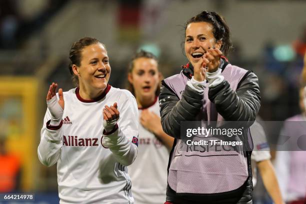 Vanessa Buerki of Bayern Munich and Viktoria Schnaderbeck of Bayern Munich gestures during the Champions League match between Bayern Munich and Paris...