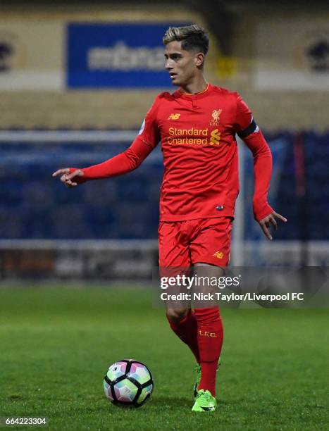 Yan Dhanda of Liverpool in action during the Liverpool v Norwich City U23 Premier League Cup game at Lookers Vauxhall Stadium on April 3, 2017 in...