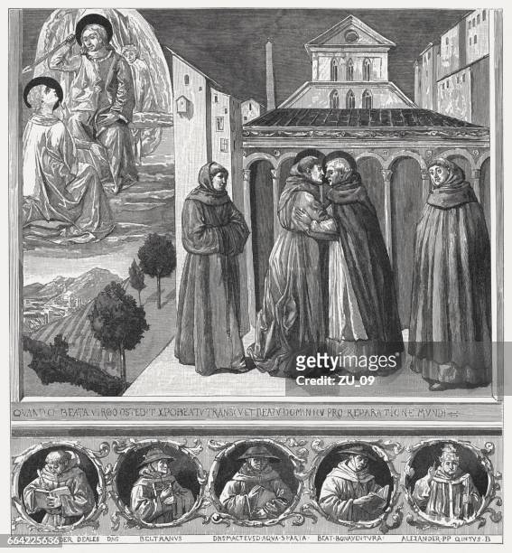ilustraciones, imágenes clip art, dibujos animados e iconos de stock de san francisco y st dominic, pintado (1452) por benozzo gozzoli - clérigo