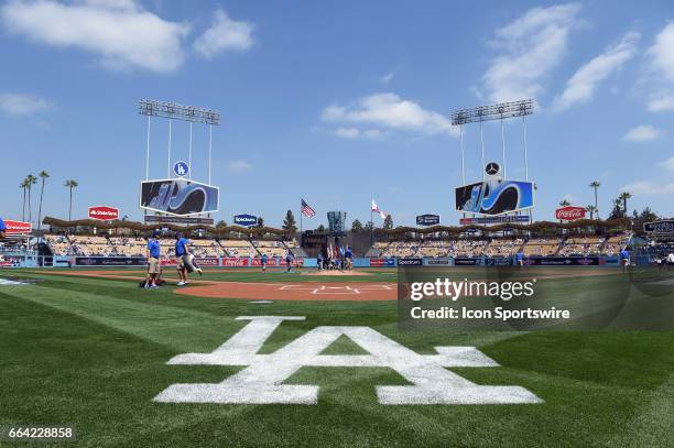 General view from field level behind home plate during an MLB opening day game between the San Diego Padres and the Los Angeles Dodgers on April 03...