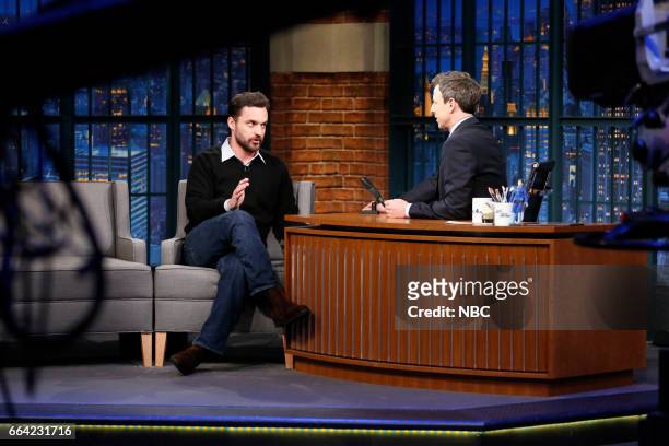 Episode 512 -- Pictured: Actor Jake Johnson during an interview with host Seth Meyers on April 3, 2017 --