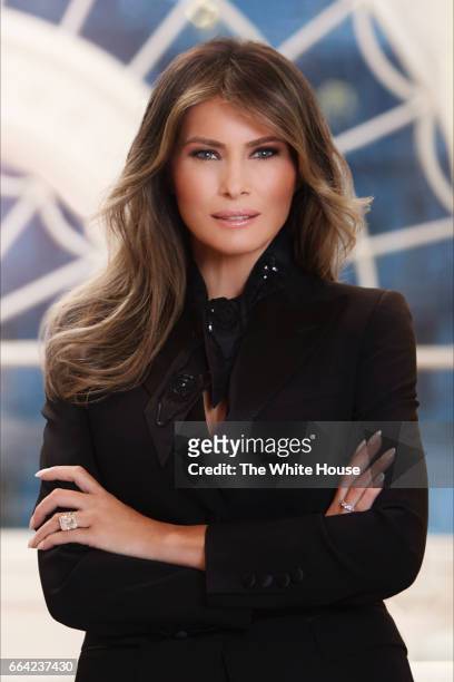 In this handout image provided by the White House, First Lady Melania Trump poses for her official portrait in her residence at the White House April...
