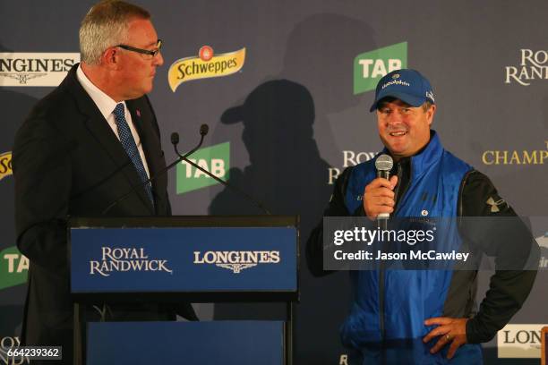 Darren Beadman is interviewed by Greg Radley during The Championships Day 2 Barrier Draw at Royal Randwick Racecourse on April 4, 2017 in Sydney,...