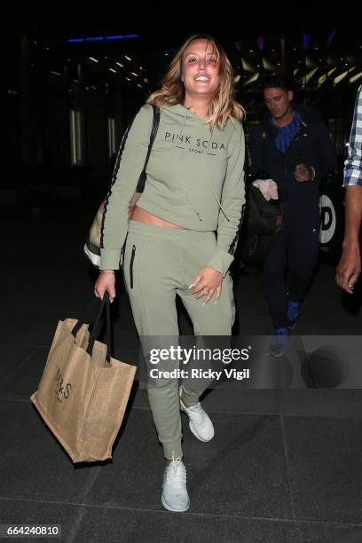 Charlotte Crosby leaves the Facebook Headquarters after her exclusive Facebook live pre-show before MTV "Just Tattoo Of Us!" on April 3, 2017 in...