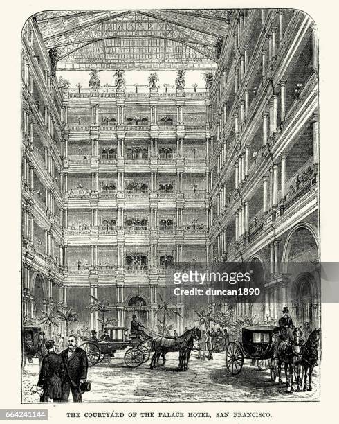 courtyard of the palace hotel, san francisco 19th century - palace hotel stock illustrations