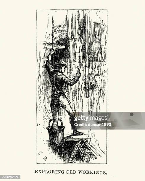 man exploring old mine workings 19th century - mine workings stock illustrations