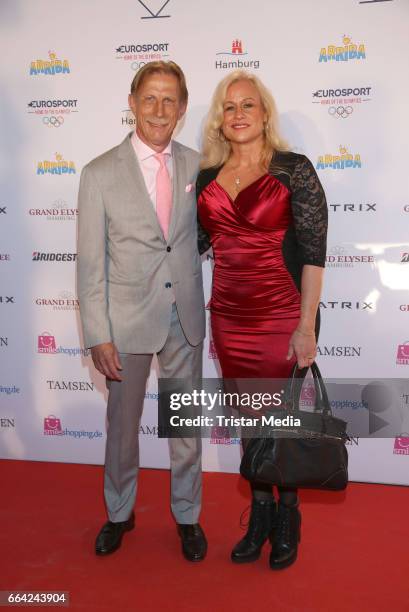 Christoph Daum and his wife Angelika Daum attend the German Sports Journalism Award 2017 at Grand Elysee Hotel on April 03, 2017 in Hamburg, Germany.