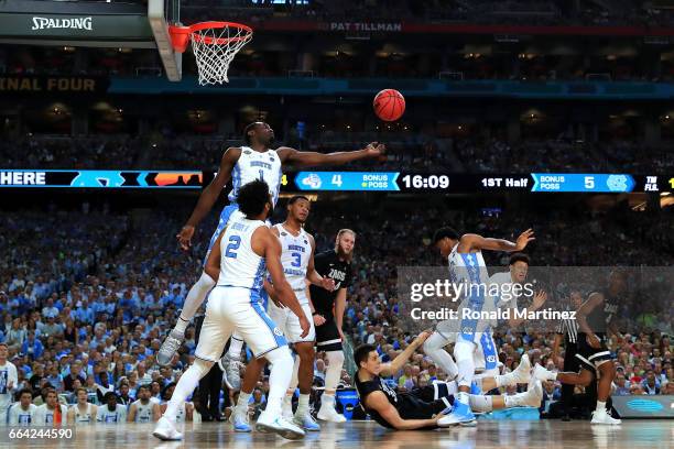 Theo Pinson of the North Carolina Tar Heels goes for a rebound in the first half against the Gonzaga Bulldogs during the 2017 NCAA Men's Final Four...