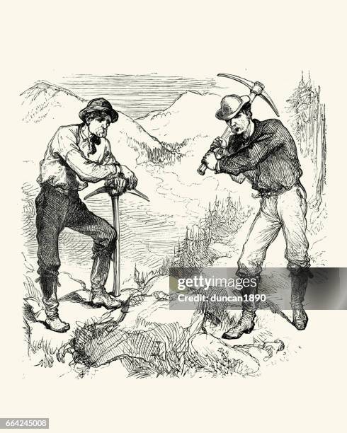 gold miners prospecting, california, 19th century - pickaxe stock illustrations