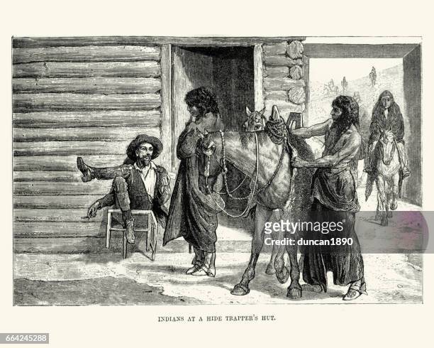 native americans trading at a hide trappers hut, 19th century - cowhide stock illustrations