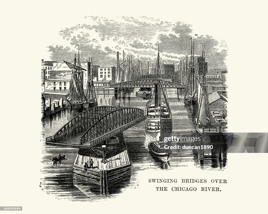 Swinging bridges over the Chicago river, 19th Century