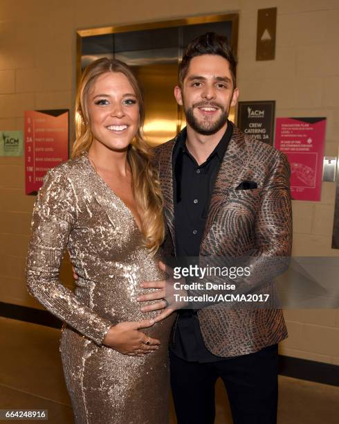Lauren Gregory Akins and Thomas Rhett attend the 52nd Academy Of Country Music Awards at T-Mobile Arena on April 2, 2017 in Las Vegas, Nevada.