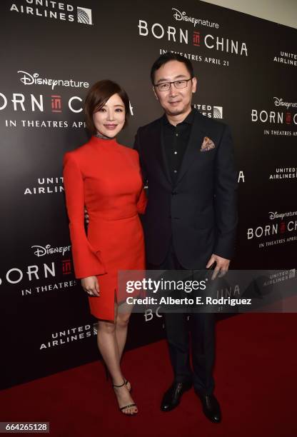 Hu Die and Director Lu Chuan attend the Los Angeles premiere of Disneynatures BORN IN CHINA at the Billy Wilder Theater at The Hammer Museum in...