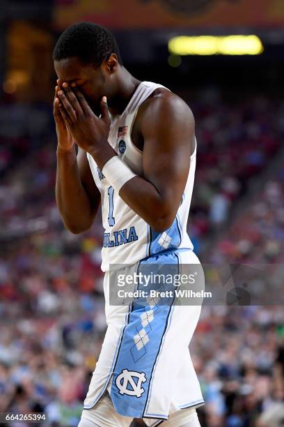 Theo Pinson of the North Carolina Tar Heels reacts after to gameplay during the 2017 NCAA Photos via Getty Images Men's Final Four National...