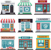 Modern fast food restaurant and shop buildings, store facades, boutiques with showcase flat icons