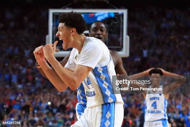 Justin Jackson of the North Carolina Tar Heels reacts late in the second half against the Gonzaga Bulldogs during the 2017 NCAA Men's Final Four...