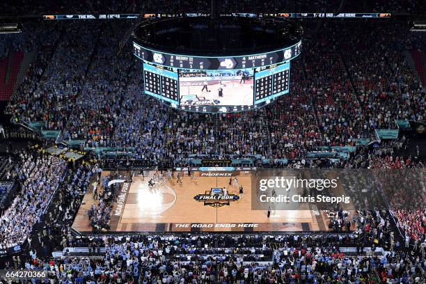 The North Carolina Tar Heels basketball team take to the court after time expires during the 2017 NCAA Photos via Getty Images Men's Final Four...