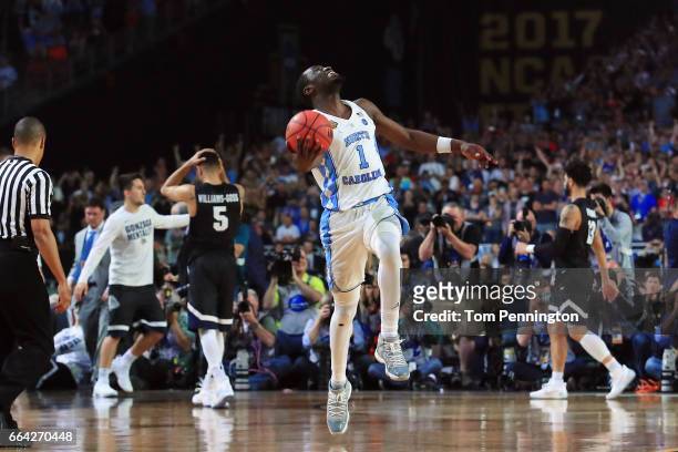 Theo Pinson of the North Carolina Tar Heels celebrates after defeating the Gonzaga Bulldogs during the 2017 NCAA Men's Final Four National...