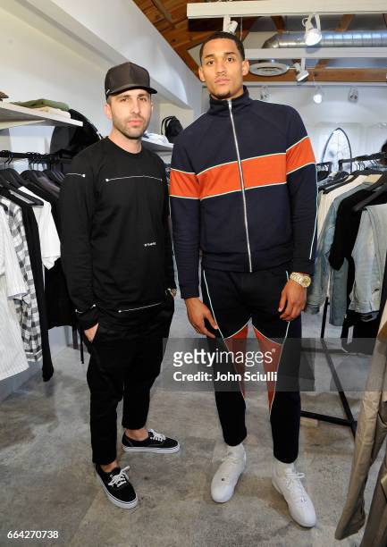 Designer Chris Stamp and Los Angeles Lakers Guard Jordan Clarkson attend the Immersive Style Experience with fans at Delta's "Beyond the Court" event...