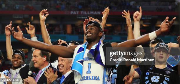 Theo Pinson of the North Carolina Tar Heels celebrates after defeating the Gonzaga Bulldogs during the 2017 NCAA Men's Final Four National...